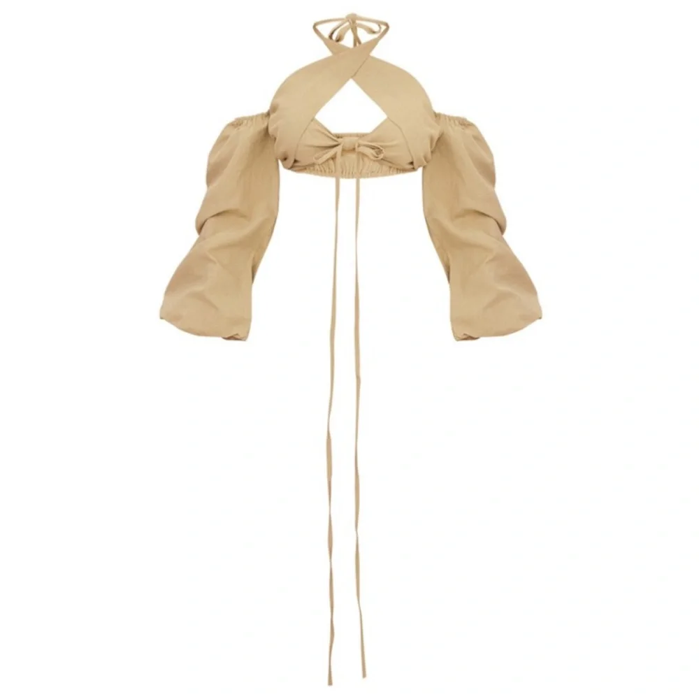 NWT PrettyLittleThing Olive Linen Feel Halter Lace Up Fringe Detail Top - Picture 4 of 6